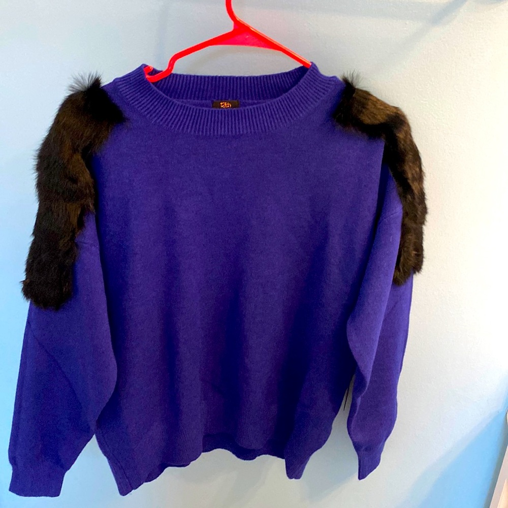 Purple sweater with faux fur shoulder pads